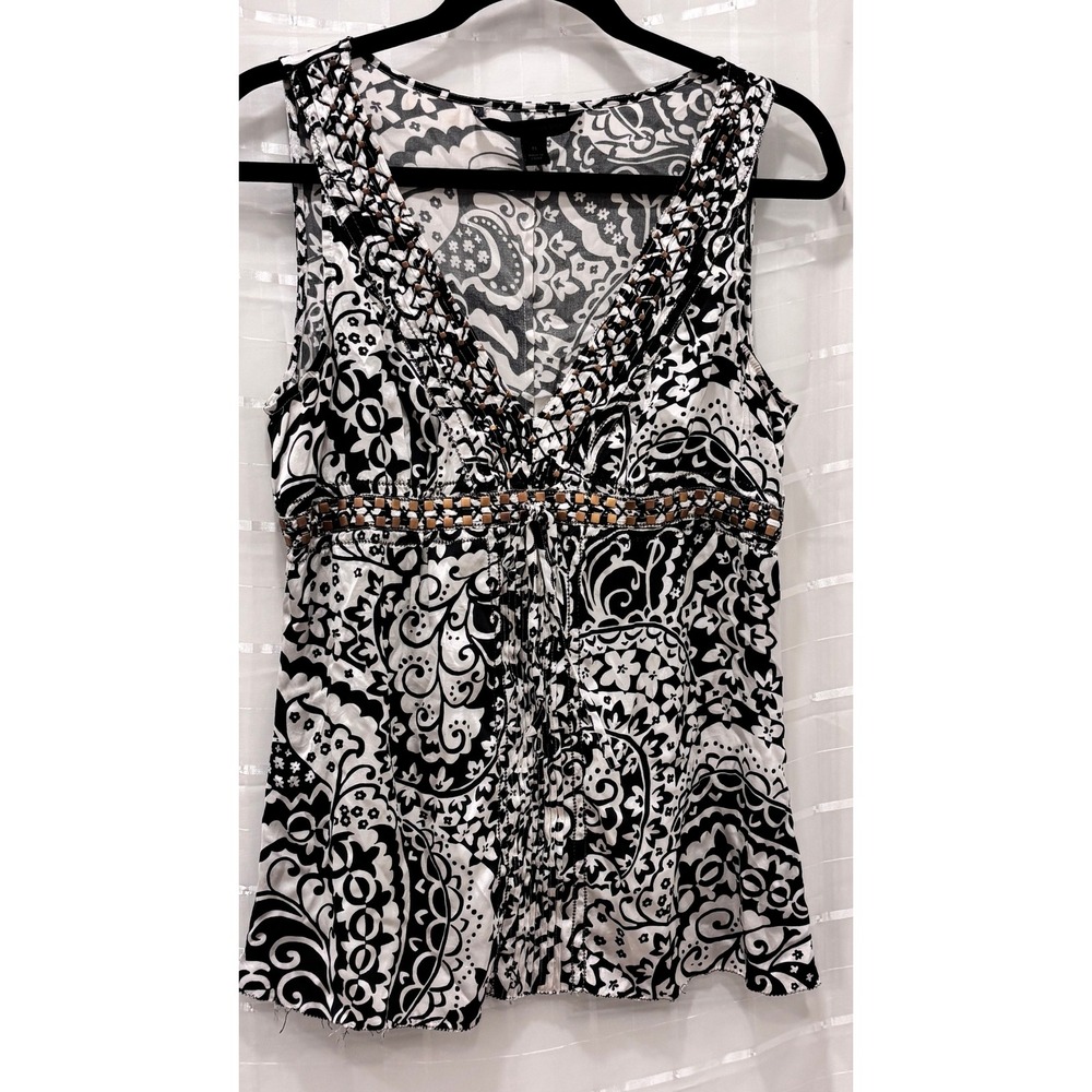VTG Express Design Studio Silk Blend Paisley Studded Tank Top Black White Medium